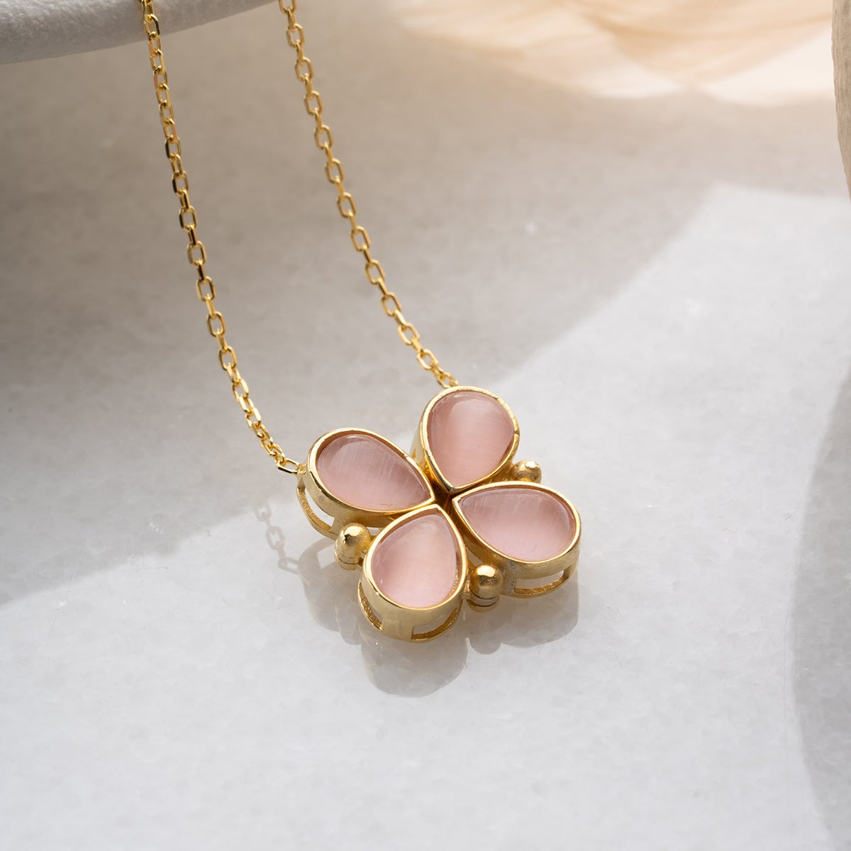 Klaver Ketting met Roze Stenen | 925 Zilver