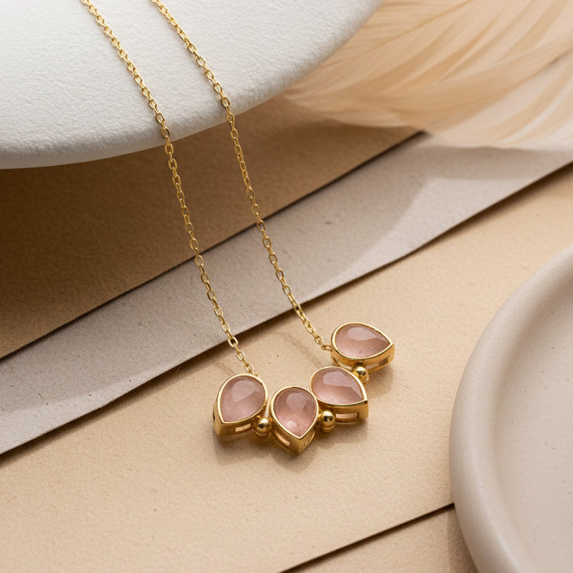 Klaver Ketting met Roze Stenen | 925 Zilver