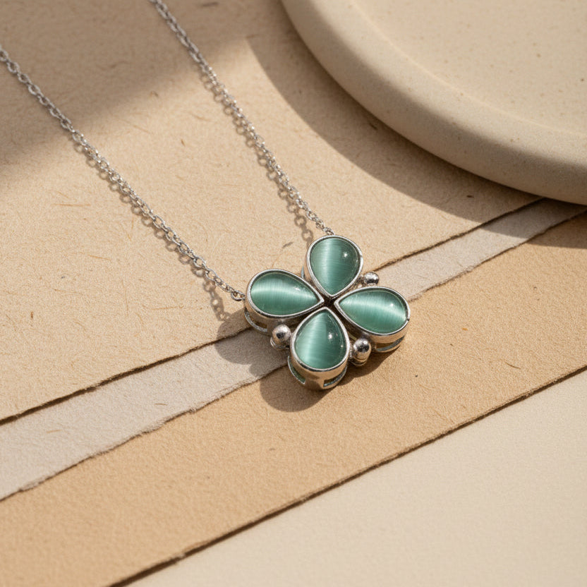 Klaver Ketting met Groene Steen | 925 Zilver