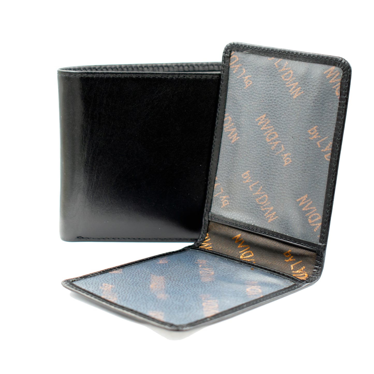 Schwarze Ledergeldbörse mit Namensaufdruck & Persönlicher Text in einer Holzbox