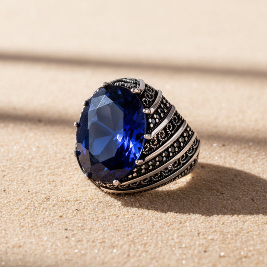 Blauwe Zirkonia Herenring | 925 Zilver
