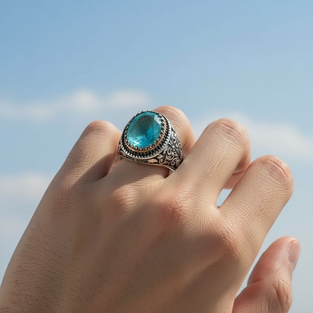 Herrenring mit Paraiba -Stein - 925 Sterlingsilber