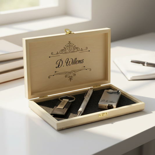 Luxuriöses Geschenkset mit persönlichem Feuerzeug und Stift & Schlüsselanhänger