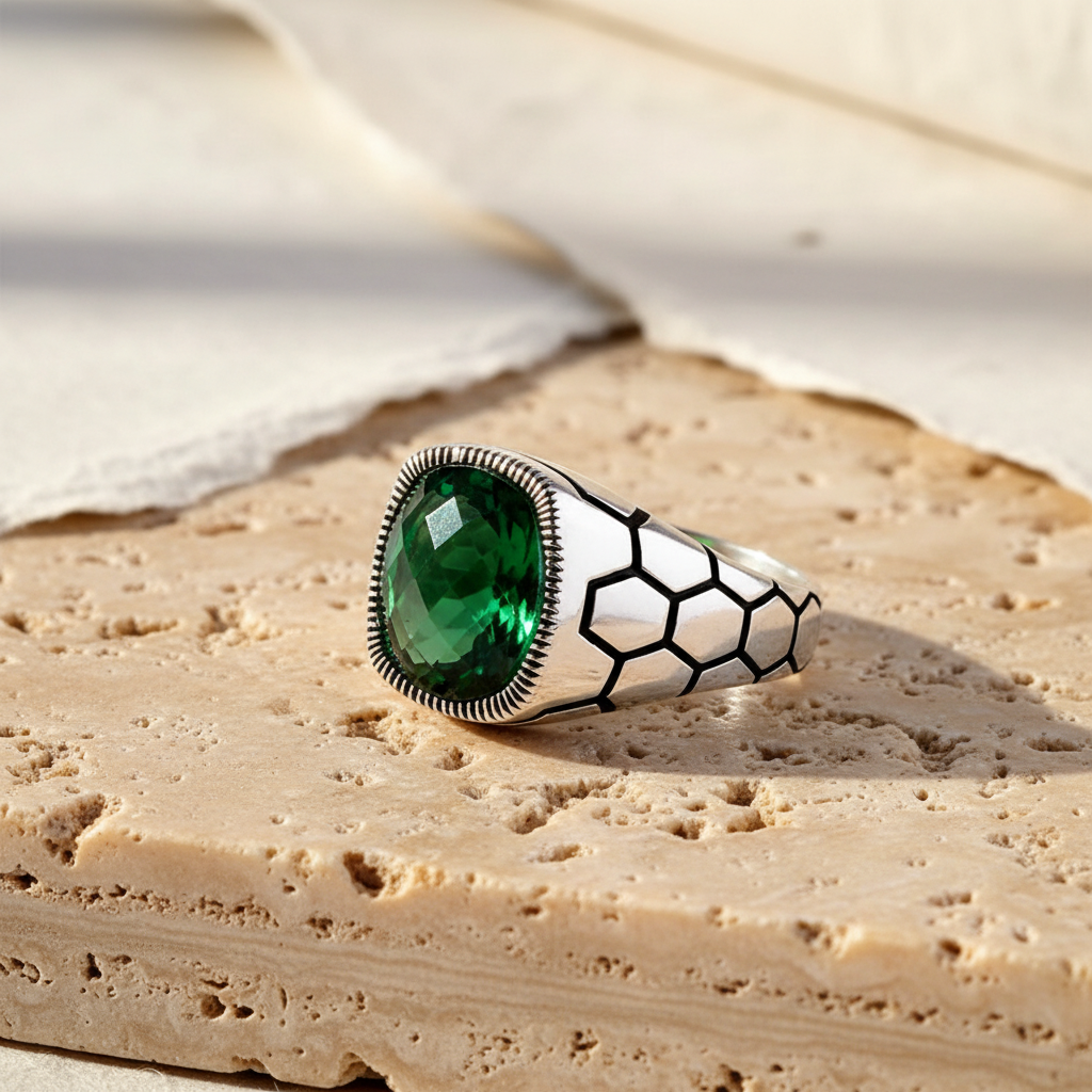 Groene zirkonia herenring van 925 zilver met honingraatpatroon.