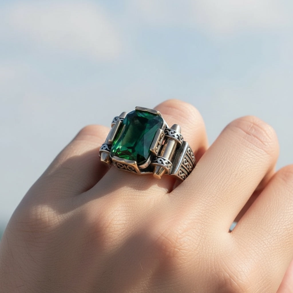 Herrenring mit grüner Zirkonia - 925 Sterlingsilber