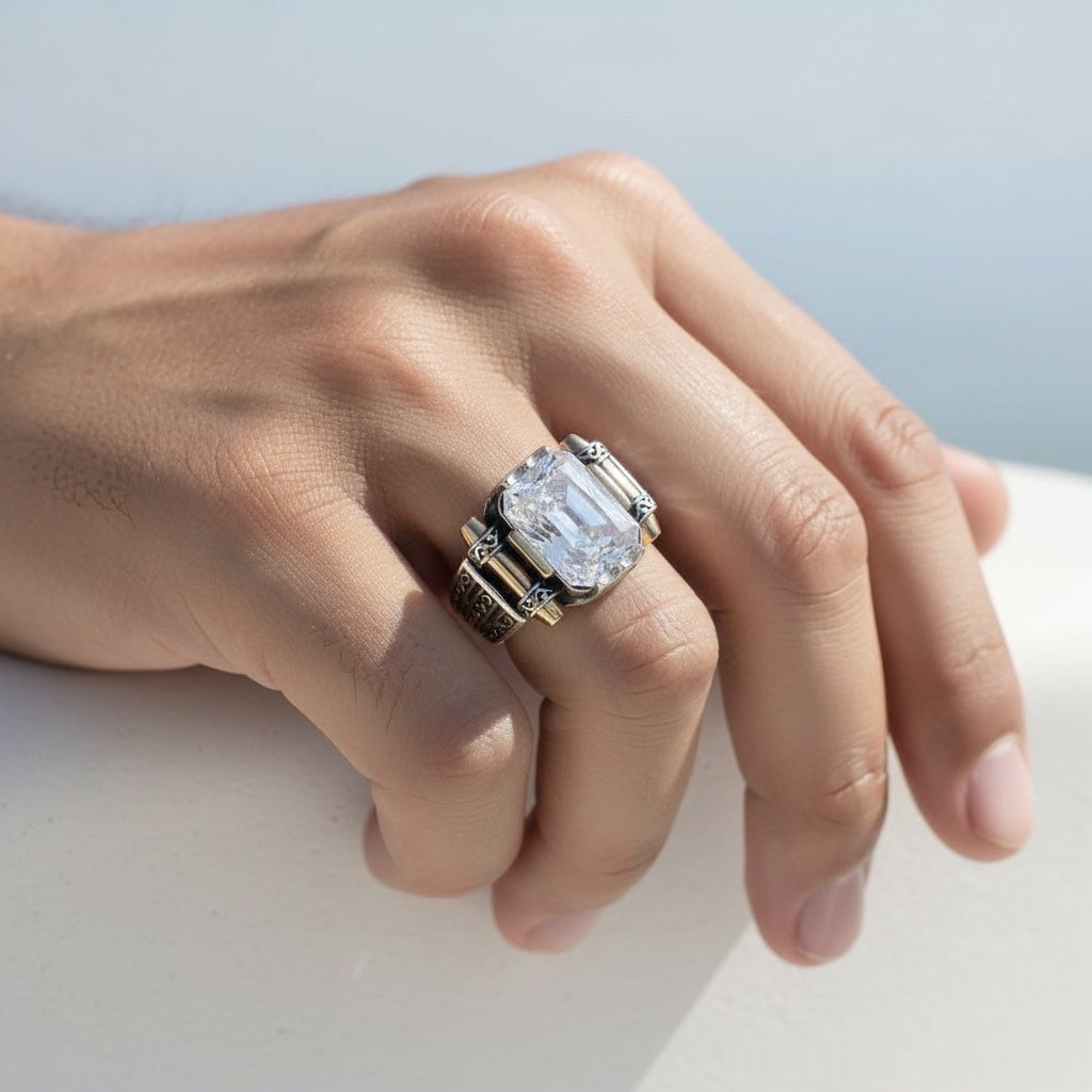 Herrenring mit weißer Zirkonia - 925 Sterlingsilber