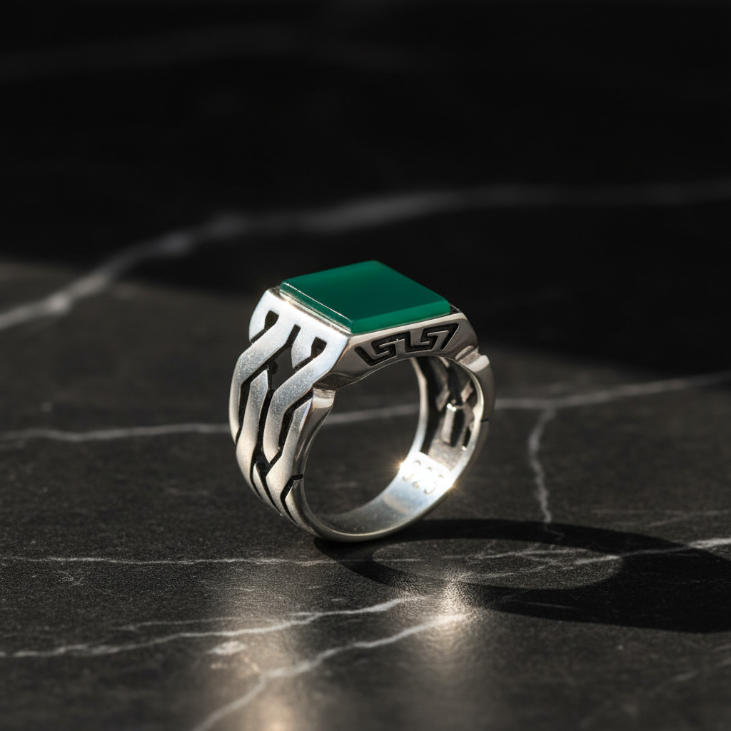 Herrenring aus 925er Silber mit grünem Achatstein LMR262