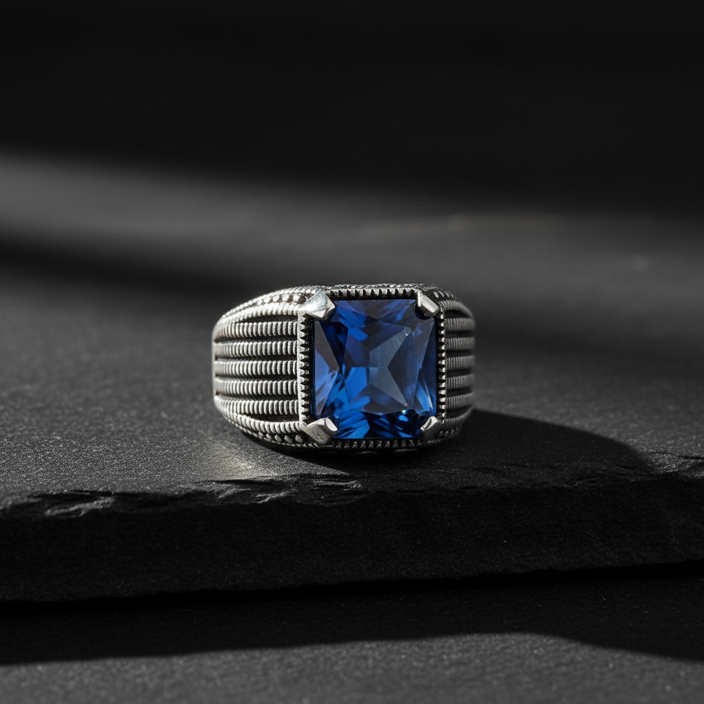 Silberner Herrenring mit blauem Stein