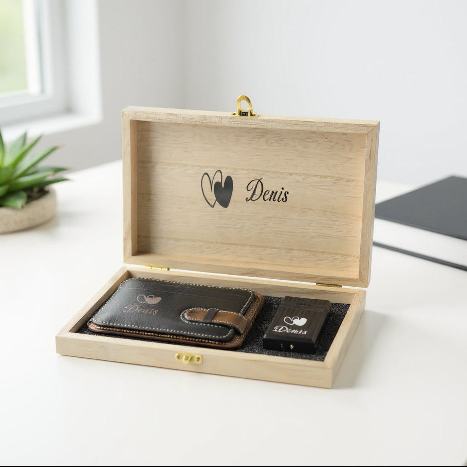Personalisiertes Leder-Kartenetui und Feuerzeug-Geschenkset