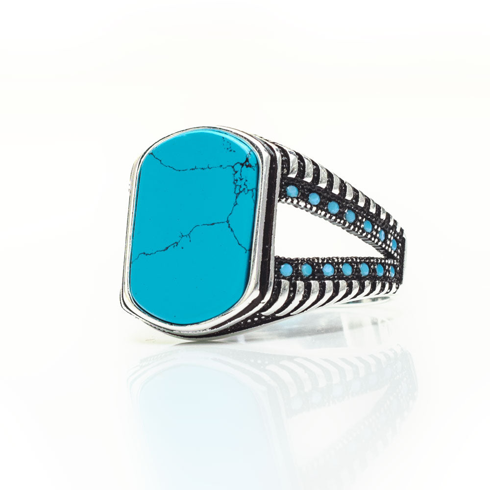 925 Zilveren Heren Ring Met Turquoise Steen Rechthoekig LMR364